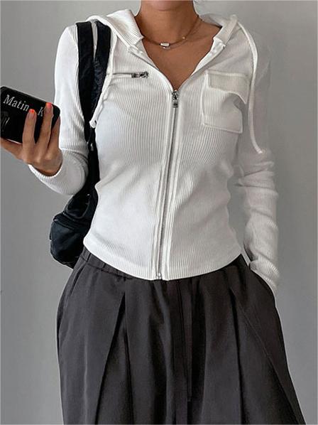Mozy | Geribde Katoen Stretch Top met Ritssluiting en Capuchon
