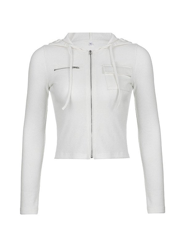 Mozy | Geribde Katoen Stretch Top met Ritssluiting en Capuchon