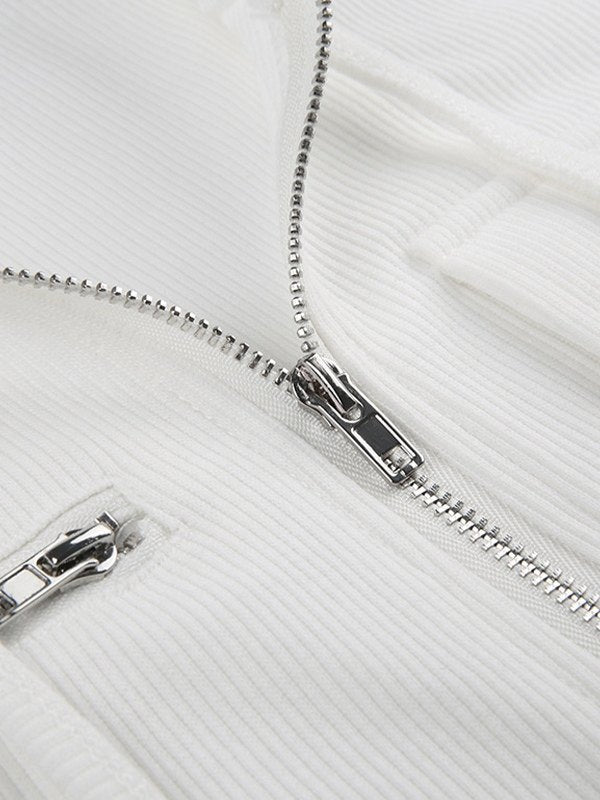 Mozy | Geribde Katoen Stretch Top met Ritssluiting en Capuchon