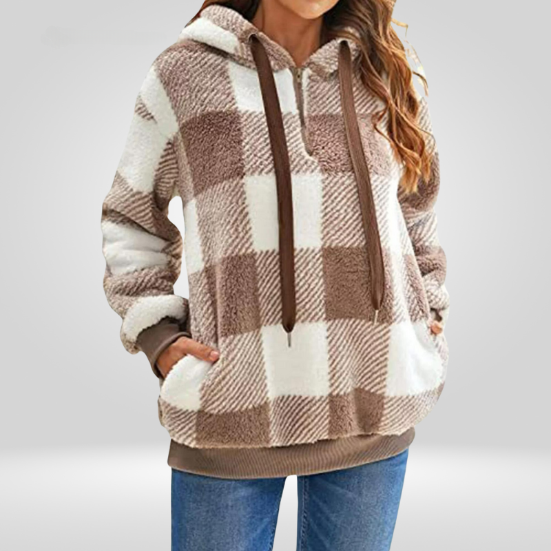 Pien - Dames Teddy Fleece Geruite Hoodie met Capuchon