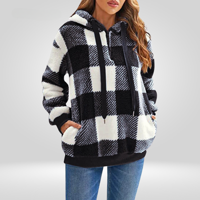 Pien - Dames Teddy Fleece Geruite Hoodie met Capuchon