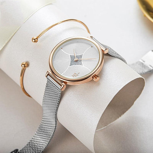 Fashion Simple Steel Mesh Two-Needle Watch - Trendha