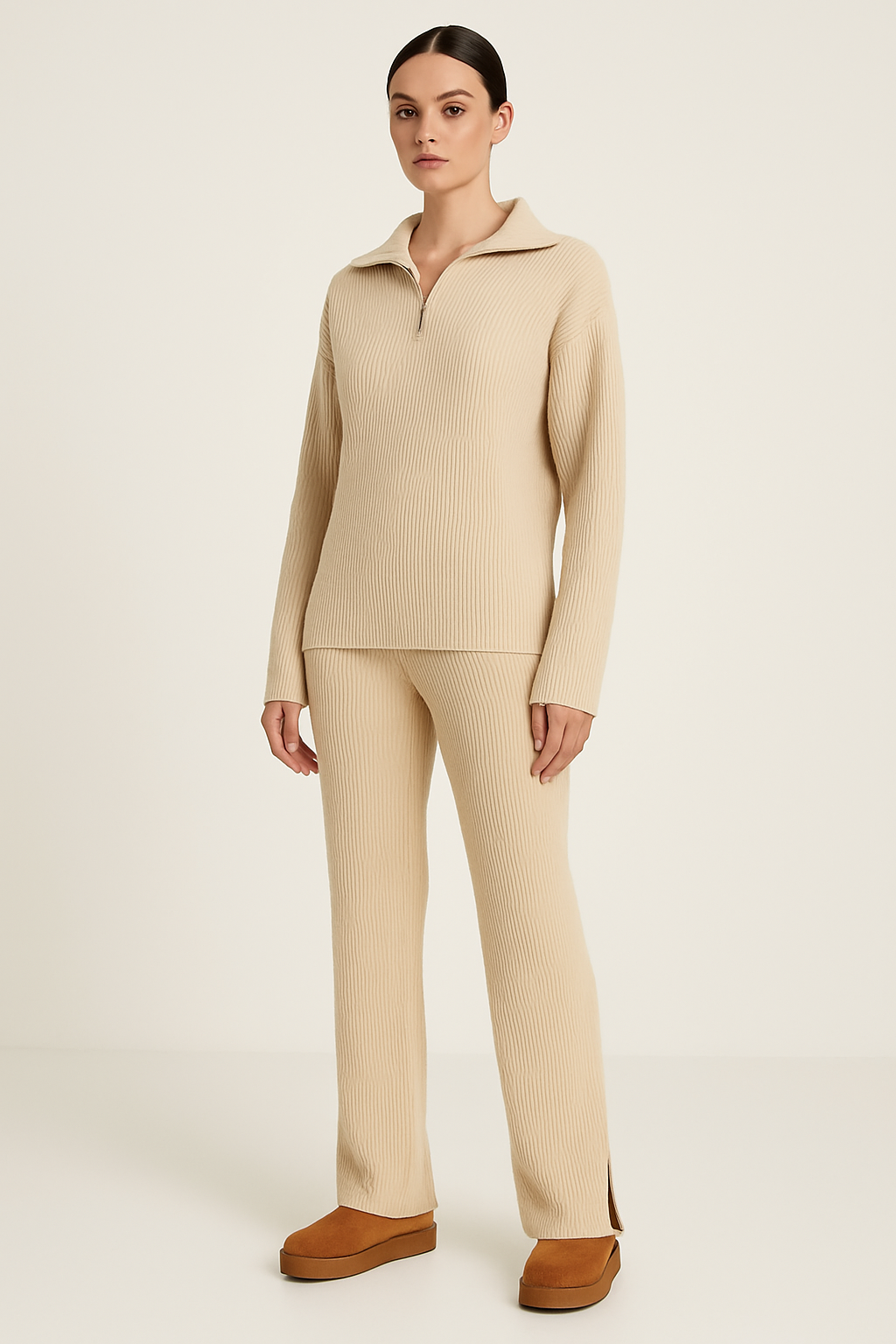 Maxy | Geribde Loungewear Set in Beige