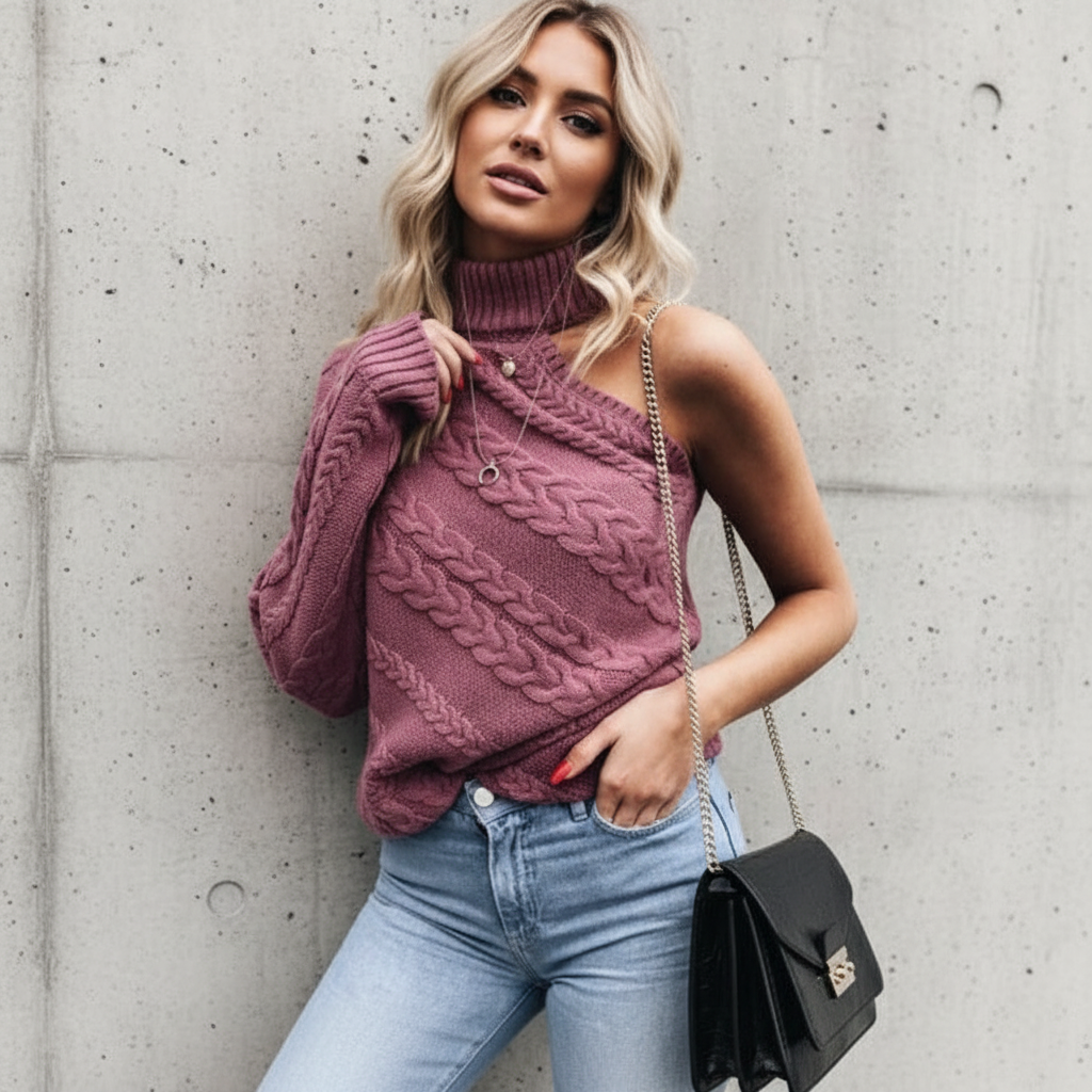 Amelie | Exclusieve Wool Blend Kabeltrui met Eén Schouder