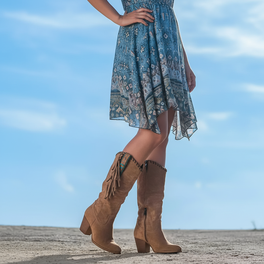 Joanna | Zemleren Laarzen met Blokhak – Boho Western Stijl