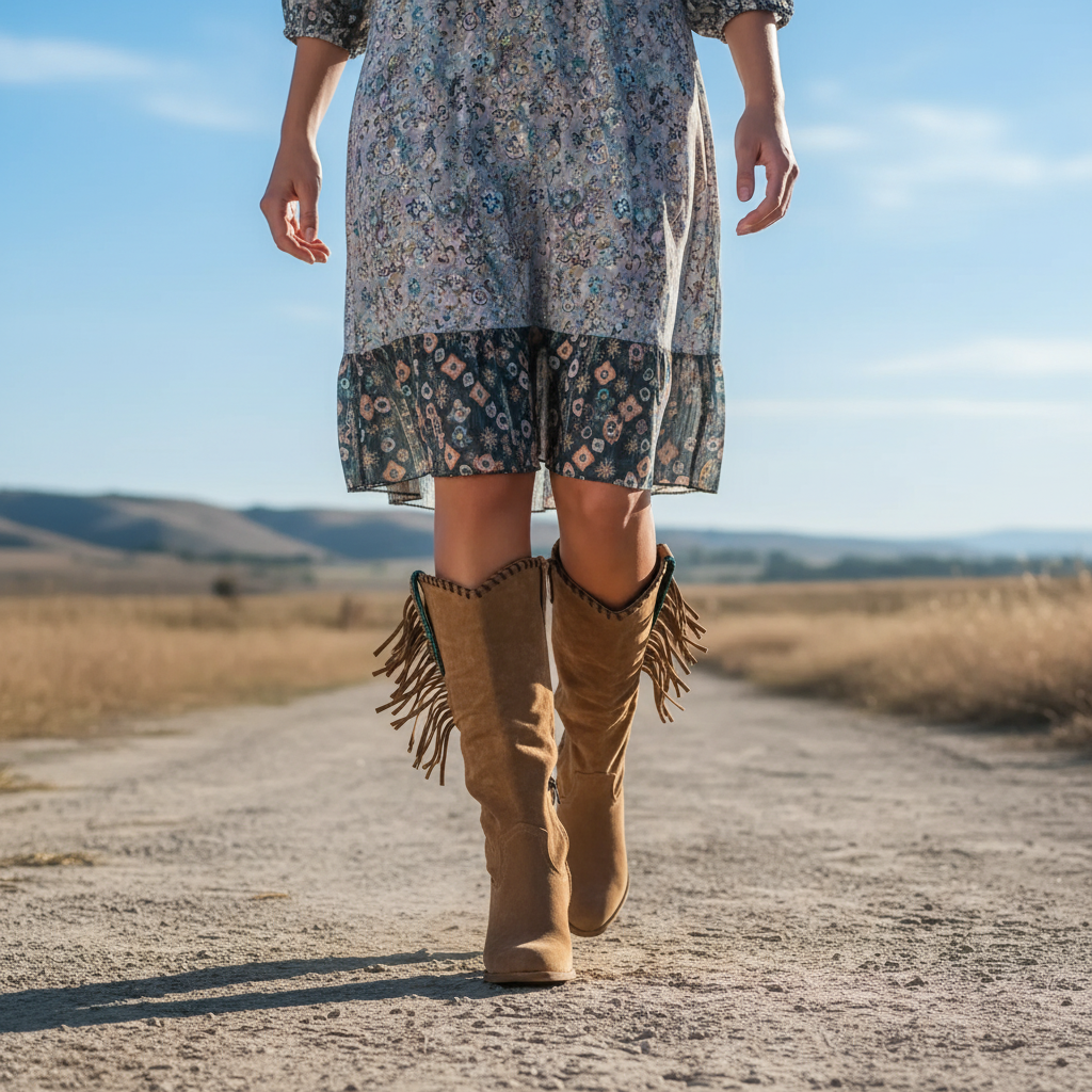 Joanna | Zemleren Laarzen met Blokhak – Boho Western Stijl