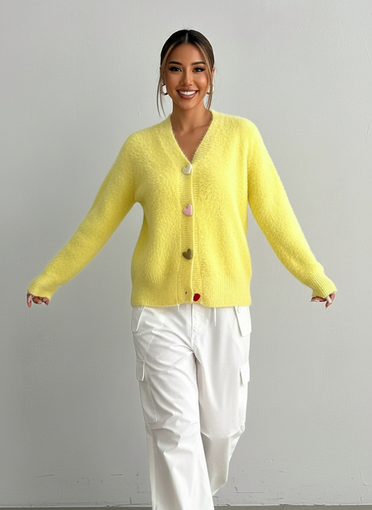 Kaily | Dames Vest – Pluizige Gebreide Stijl – Hartknopen – Geel