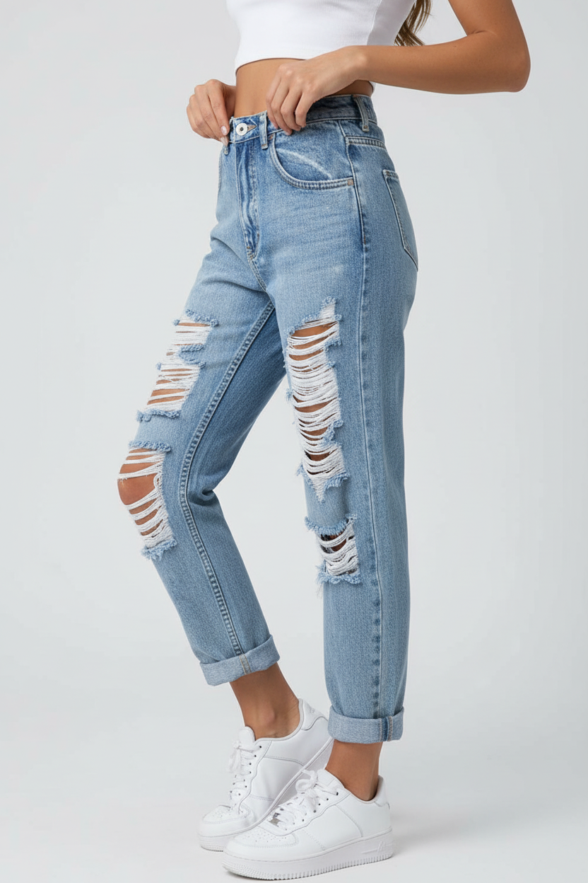 Linda | Dames Jeans met Wijde Pijpen en Distressed Look
