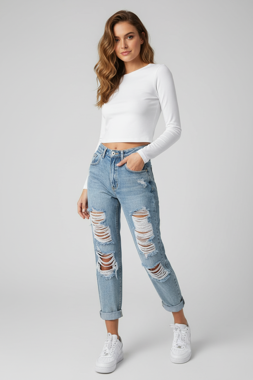 Linda | Dames Jeans met Wijde Pijpen en Distressed Look