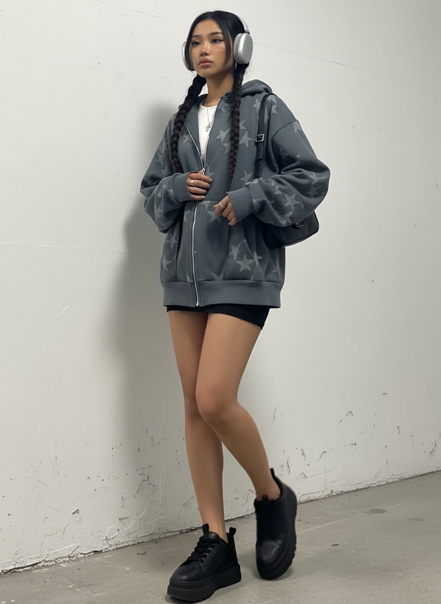 Pita | Oversized Grijze Ster Hoodie met Ritssluiting van Polyester