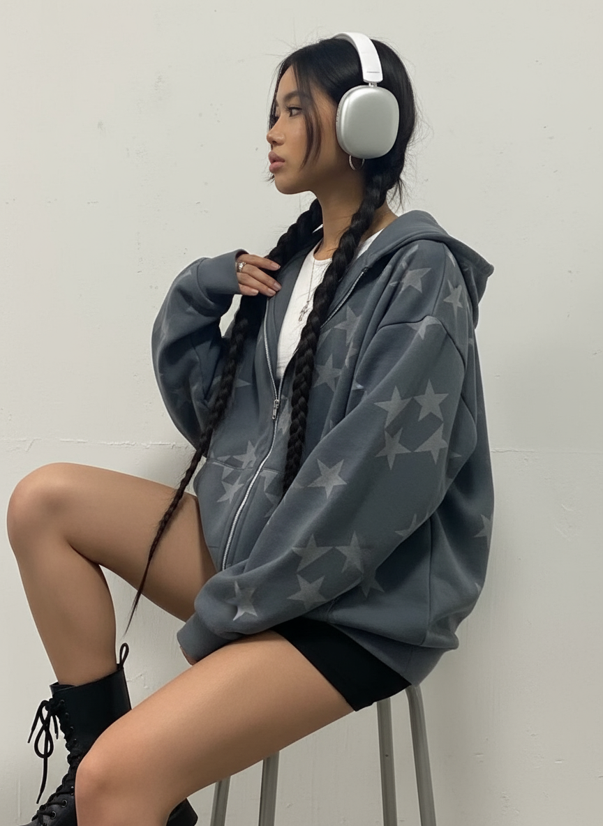 Pita | Oversized Grijze Ster Hoodie met Ritssluiting van Polyester