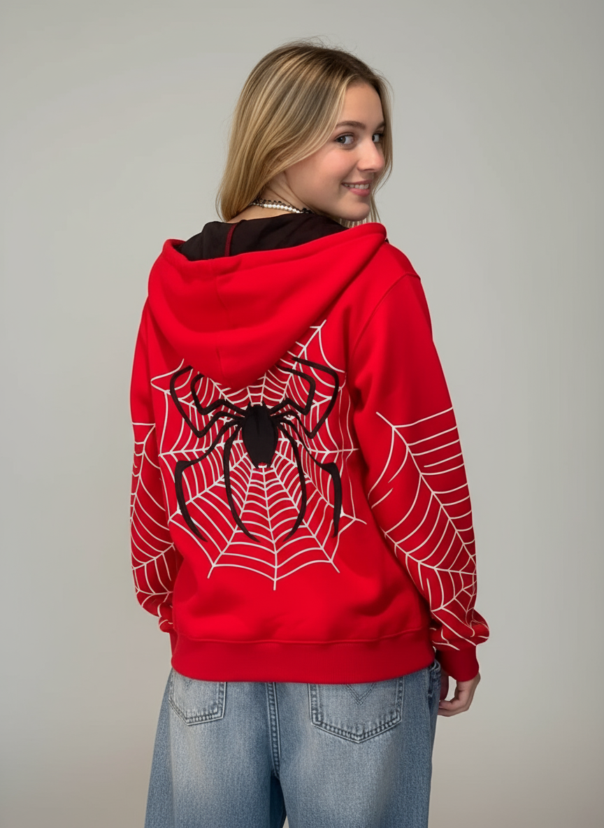 Mary-Jane | Rode Spiderweb Hoodie van Katoenmix met Rits