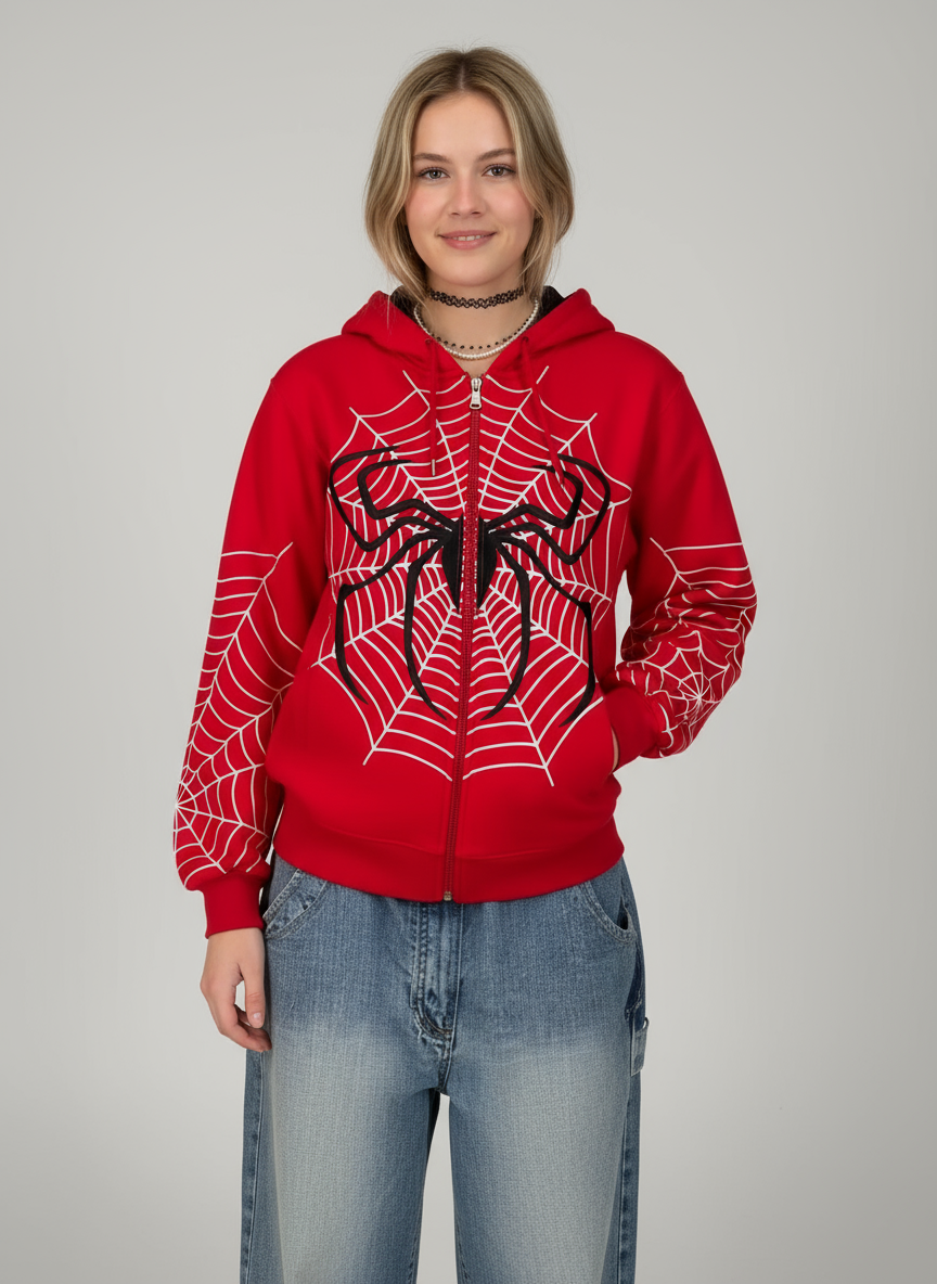 Mary-Jane | Rode Spiderweb Hoodie van Katoenmix met Rits