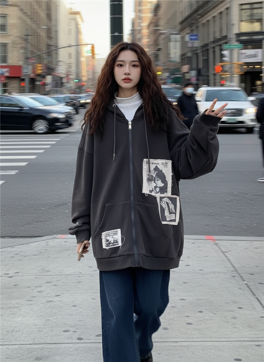 Kami | Losvallende Katoenen Hoodie met Grafische Patches