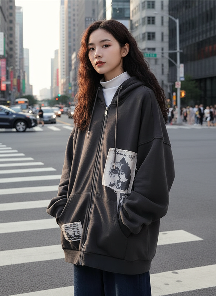 Kami | Losvallende Katoenen Hoodie met Grafische Patches