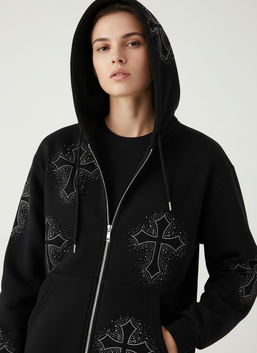 Patty | Zwarte Polyester Hoodie met Strass Kruisdetail