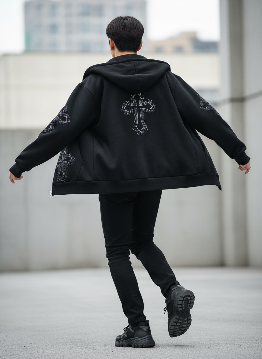 Patty | Zwarte Polyester Hoodie met Strass Kruisdetail