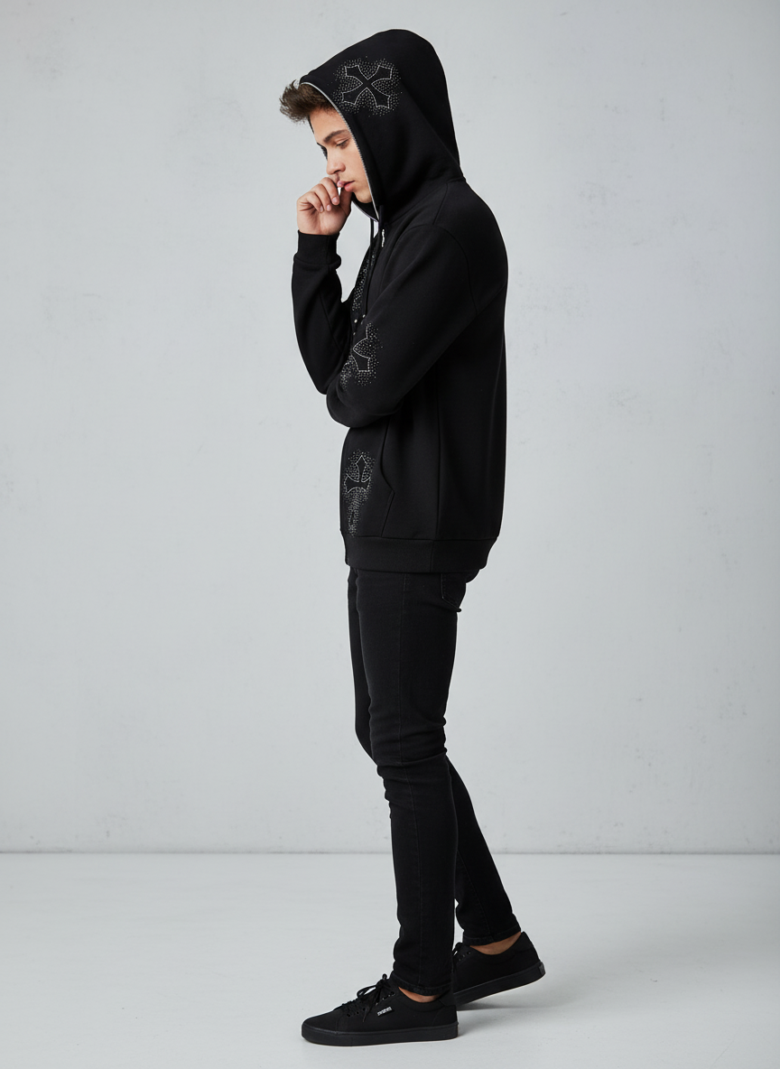 Patty | Zwarte Polyester Hoodie met Strass Kruisdetail