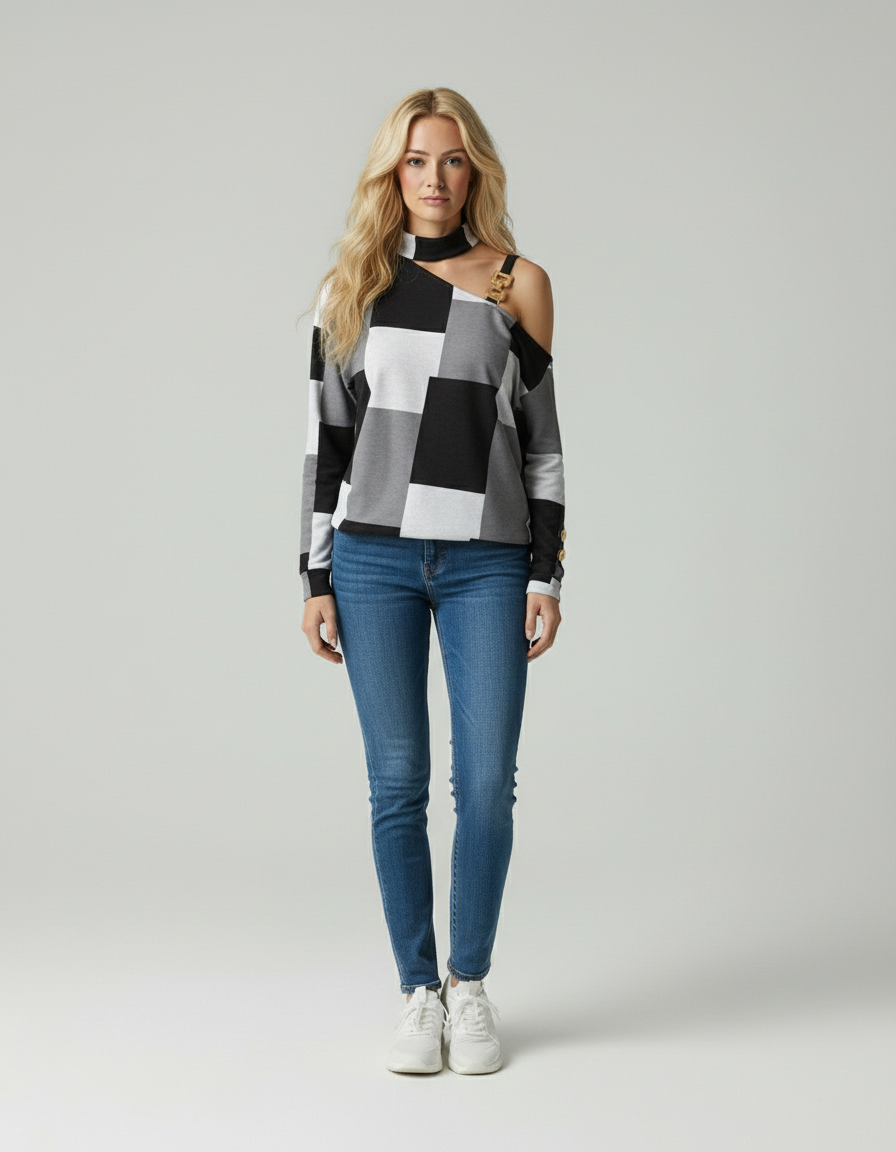 Sivan | Lange Mouwen Top met Kettingdetail – Geruit Patroon