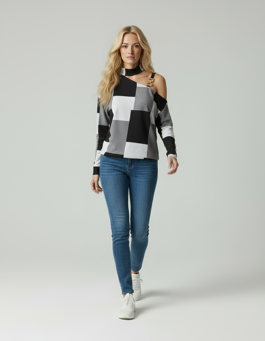 Sivan | Lange Mouwen Top met Kettingdetail – Geruit Patroon