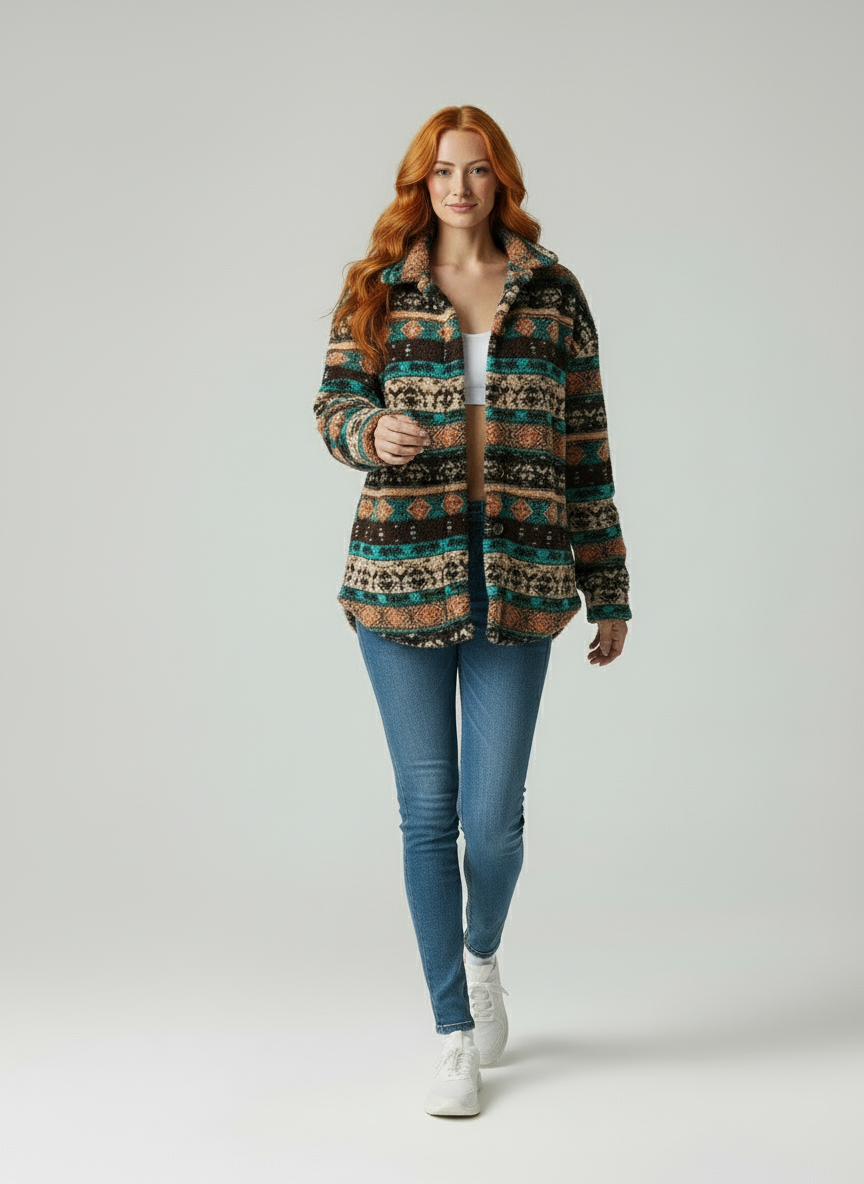 Sonya | Dames Fleece Jack – Relaxte Pasvorm – Tribaal Patroon