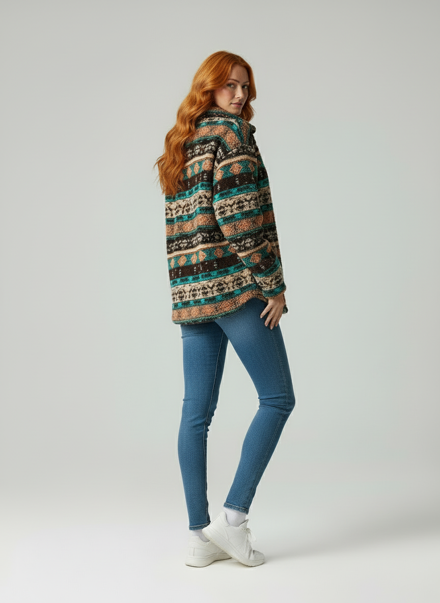 Sonya | Dames Fleece Jack – Relaxte Pasvorm – Tribaal Patroon