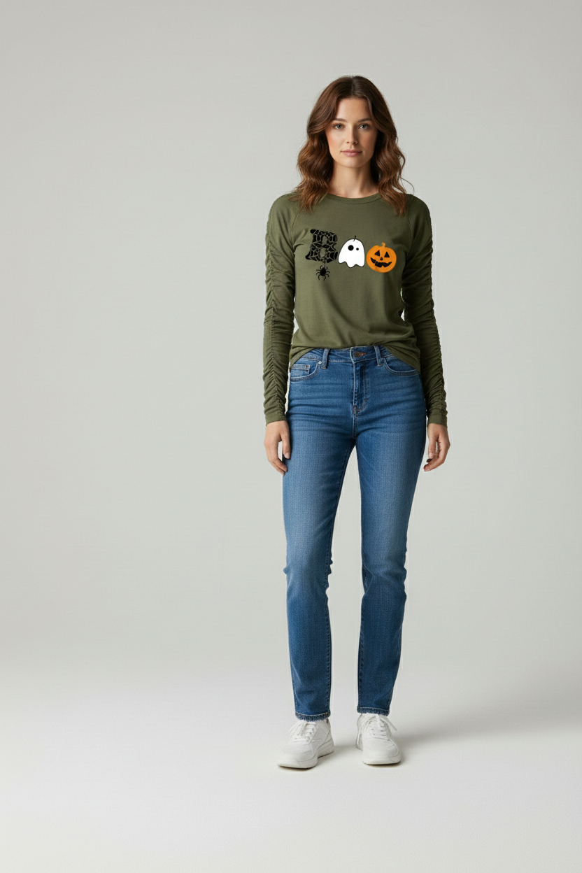 Grace | Groen Halloween BOO Print Lange Mouwen Shirt met Duimgaten