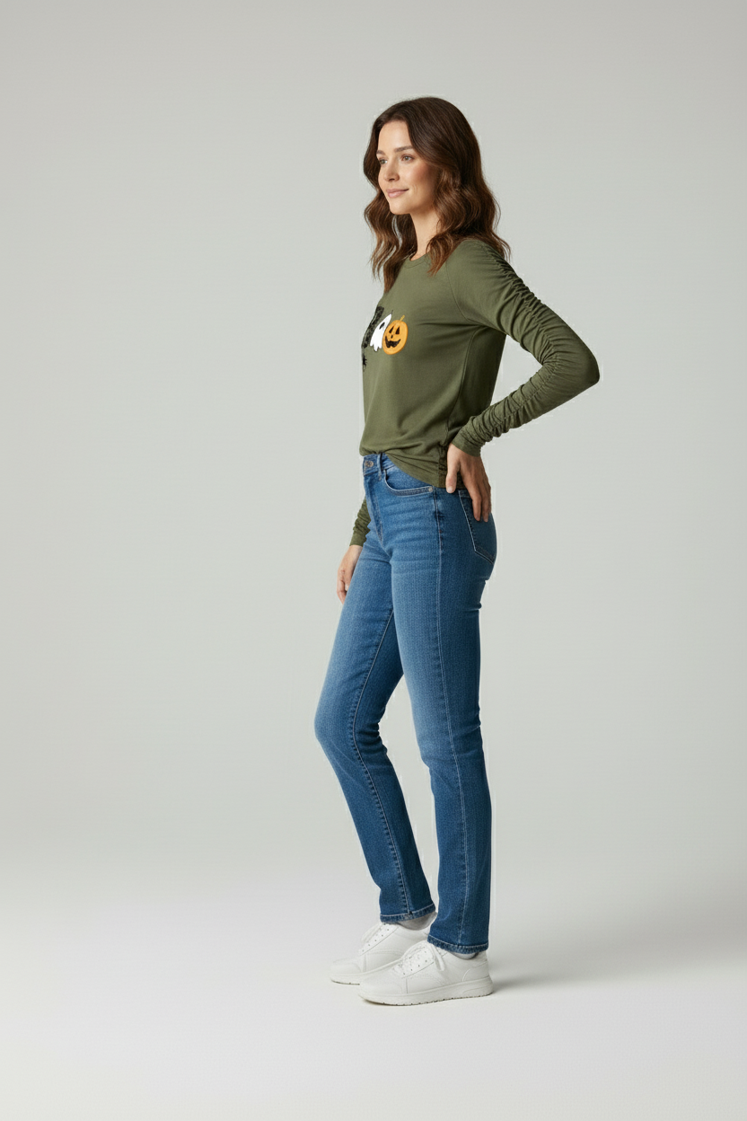 Grace | Groen Halloween BOO Print Lange Mouwen Shirt met Duimgaten