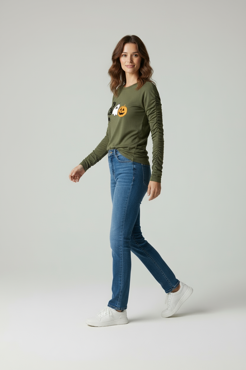 Grace | Groen Halloween BOO Print Lange Mouwen Shirt met Duimgaten