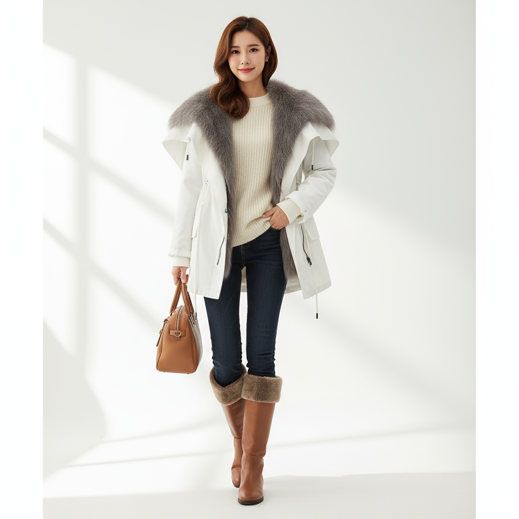 Rielle | Luxe Parka met Grijze Bontkraag โ Witte Winterjas
