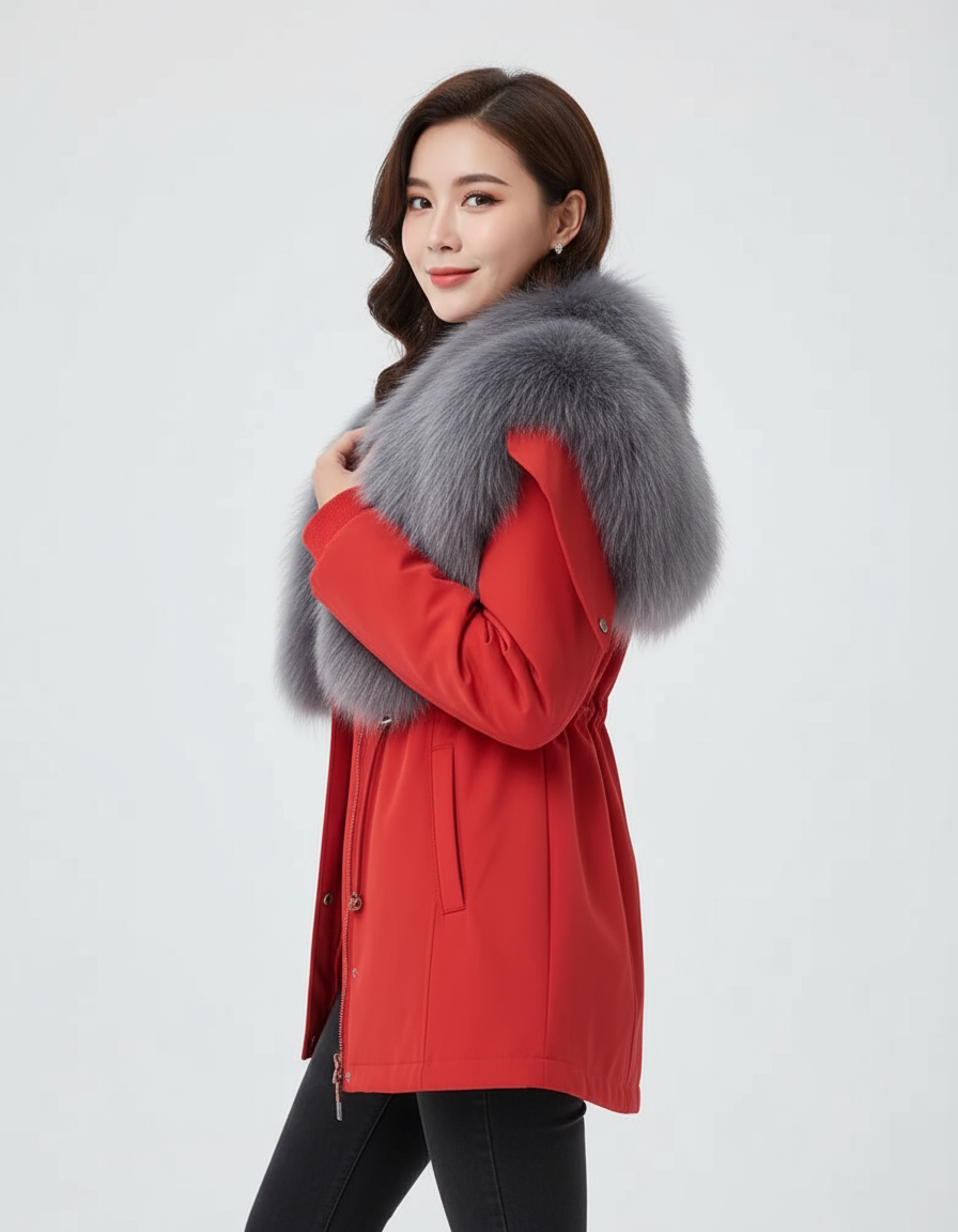 Rielle | Luxe Parka met Grijze Bontkraag โ Witte Winterjas