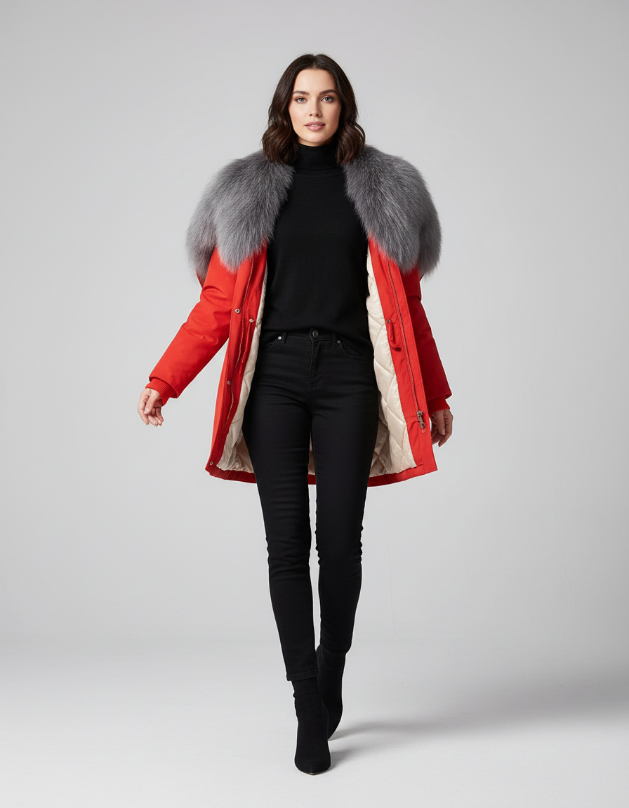 Rielle | Luxe Parka met Grijze Bontkraag โ Witte Winterjas