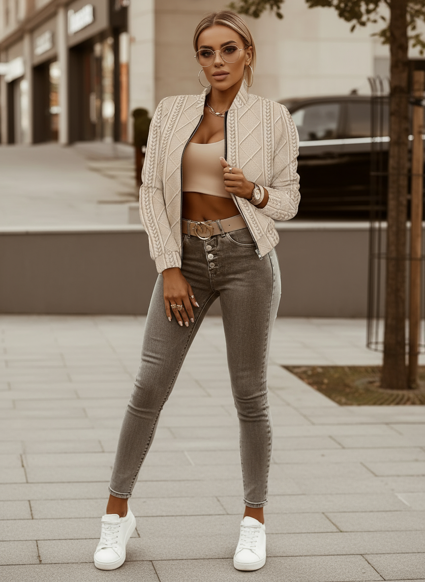 Ninte | GEBREIDE Bomberjack met Textuur – Chic Beige Jas