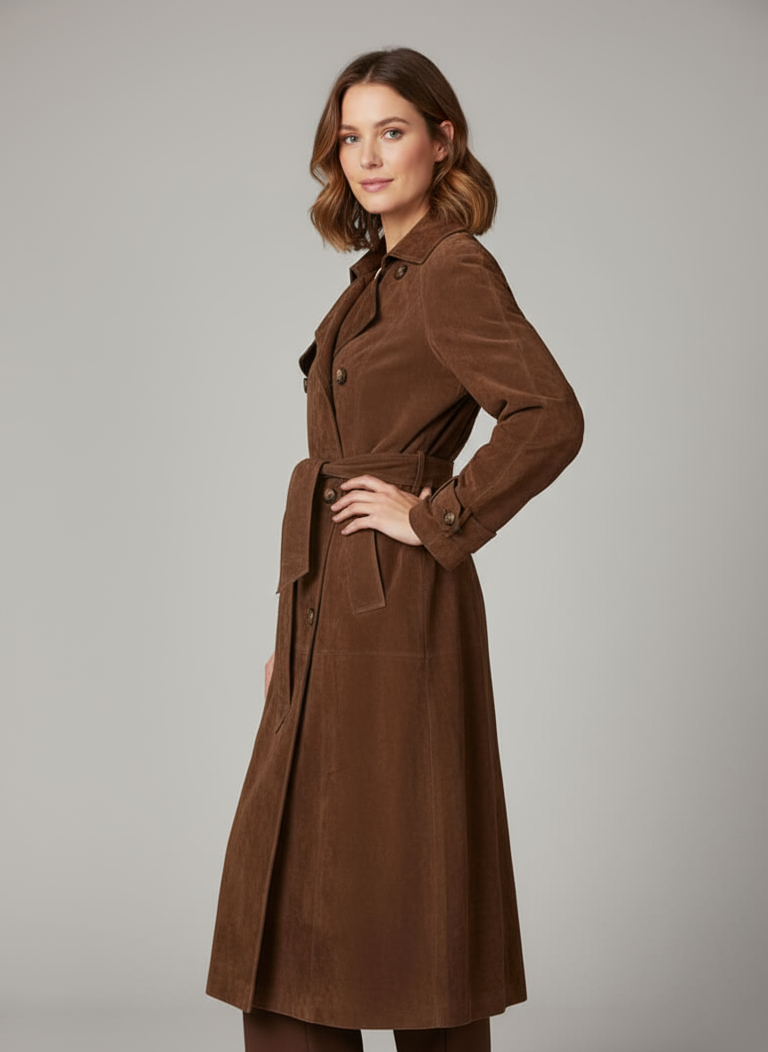 Naeva | Lange Suède Trenchcoat met Riem – Veganistisch Suède