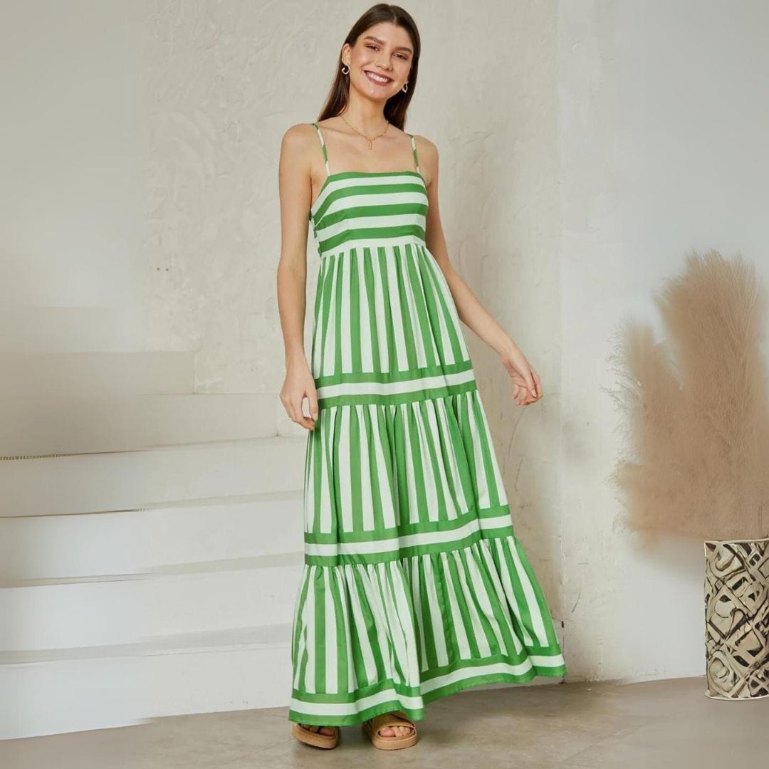 Stephanie | Geplooide Maxi-Jurk met Spaghettibandjes