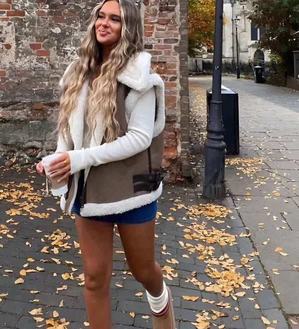 Aurelia | Leer Look Dames Herfst Vest met Teddy Voering – Warm & Modieus