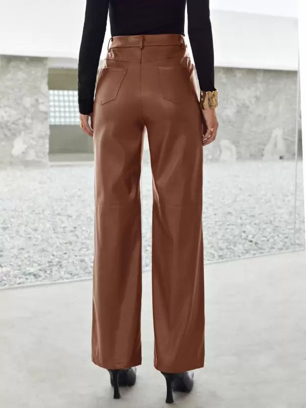 Aletta - Dames Leren Broek met Hoge Taille en Wijde Pijpen