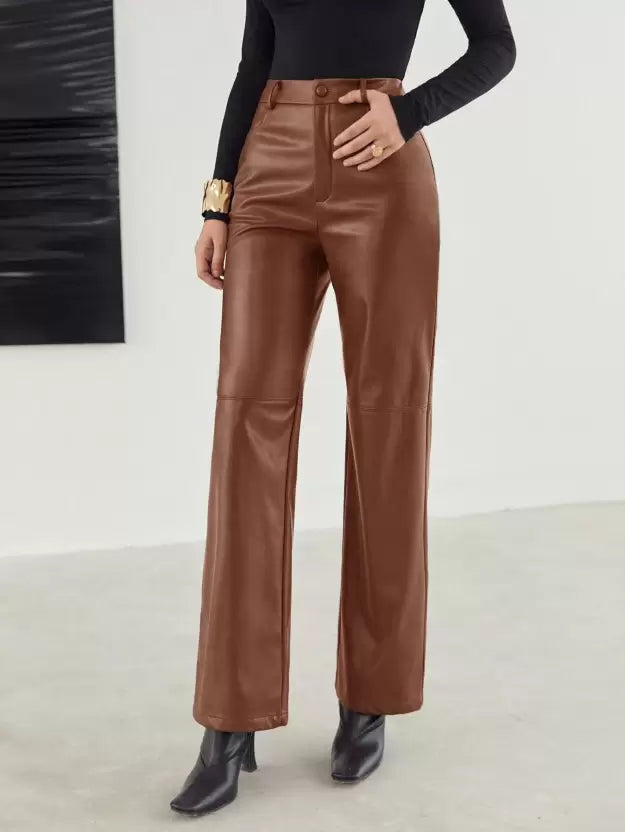 Aletta - Dames Leren Broek met Hoge Taille en Wijde Pijpen