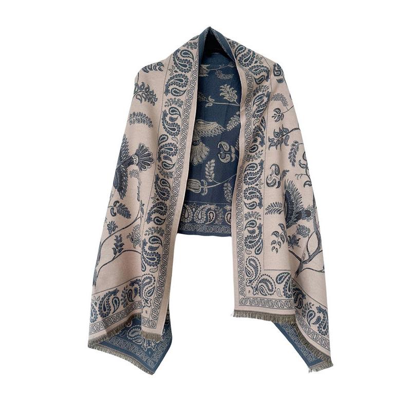 Ivana | Luxe Gebreide Sjaal in Beige en Blauw met Paisley