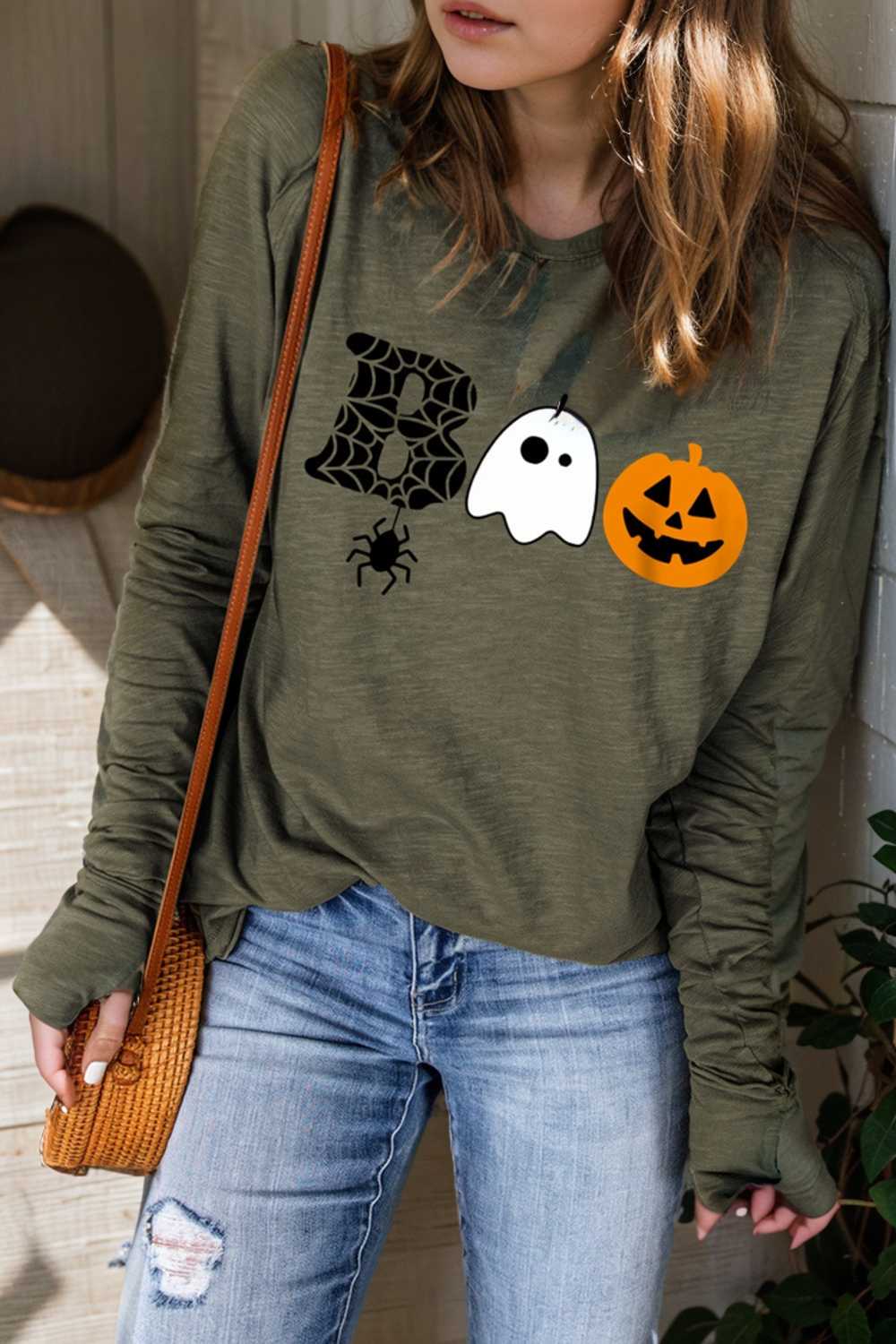 spooky halloween boo graphic print green long sleeve tee 143521