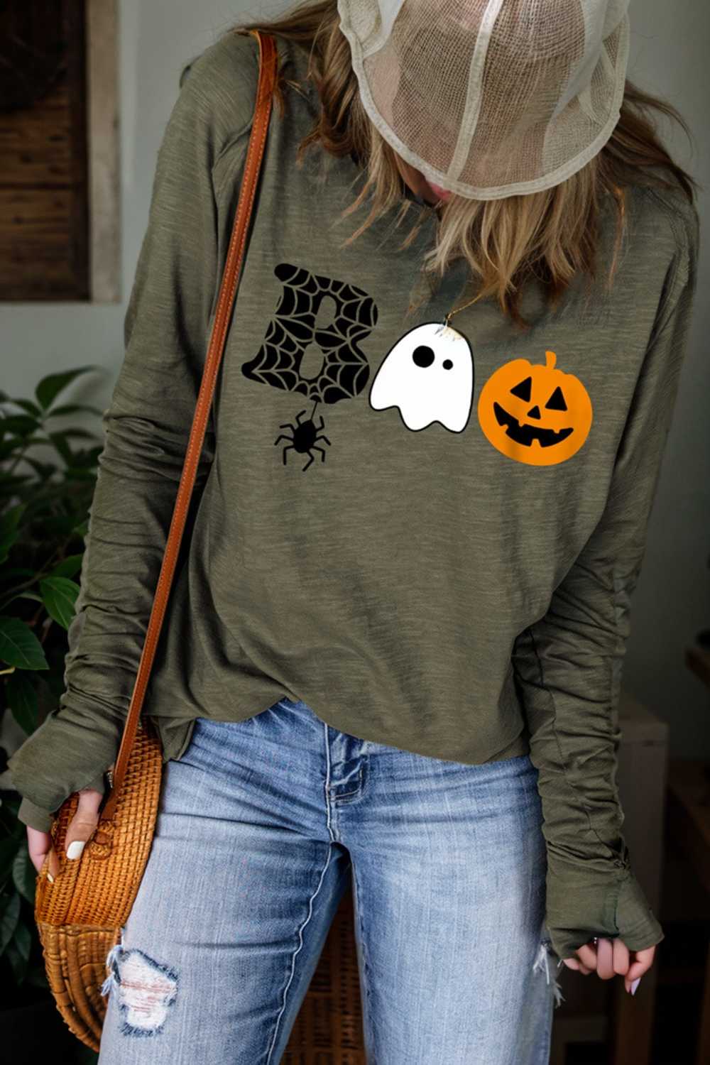 spooky halloween boo graphic print green long sleeve tee 143523