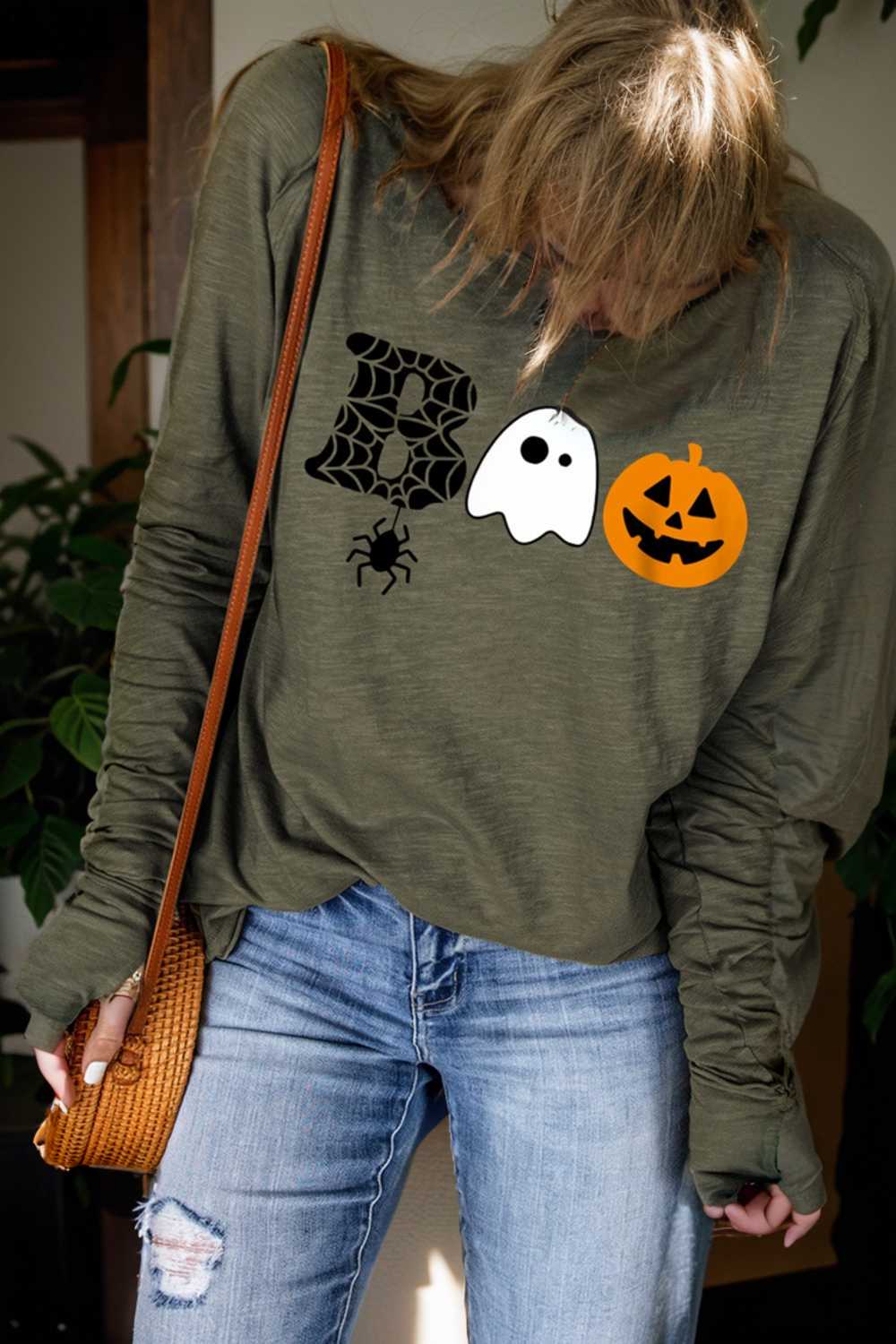 spooky halloween boo graphic print green long sleeve tee 143522