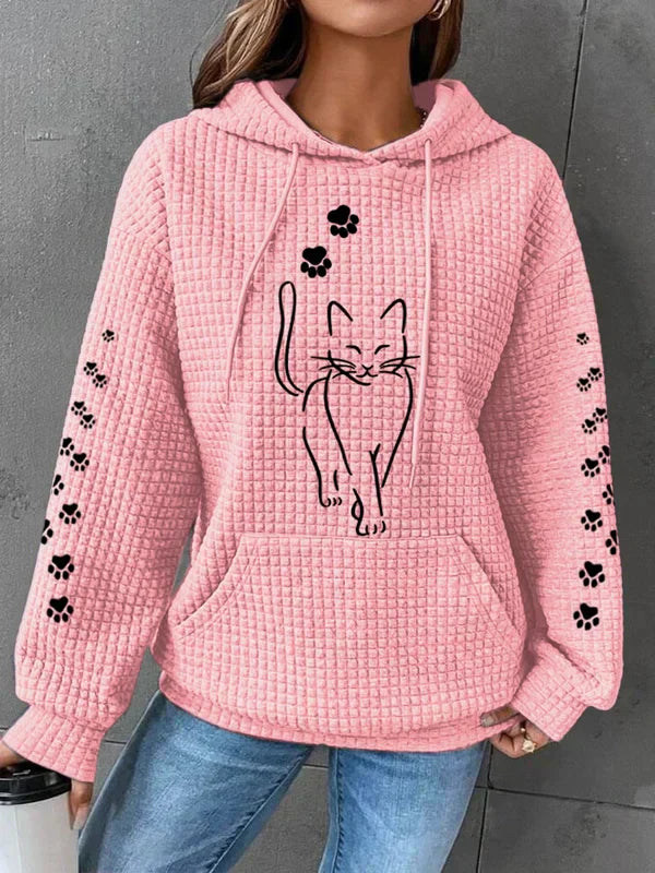 Annelies | Wafelstructuur Hoodie - Kattenprint