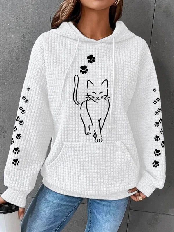 Annelies | Wafelstructuur Hoodie - Kattenprint