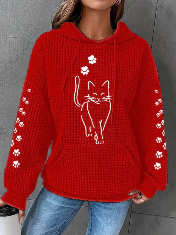 Annelies | Wafelstructuur Hoodie - Kattenprint
