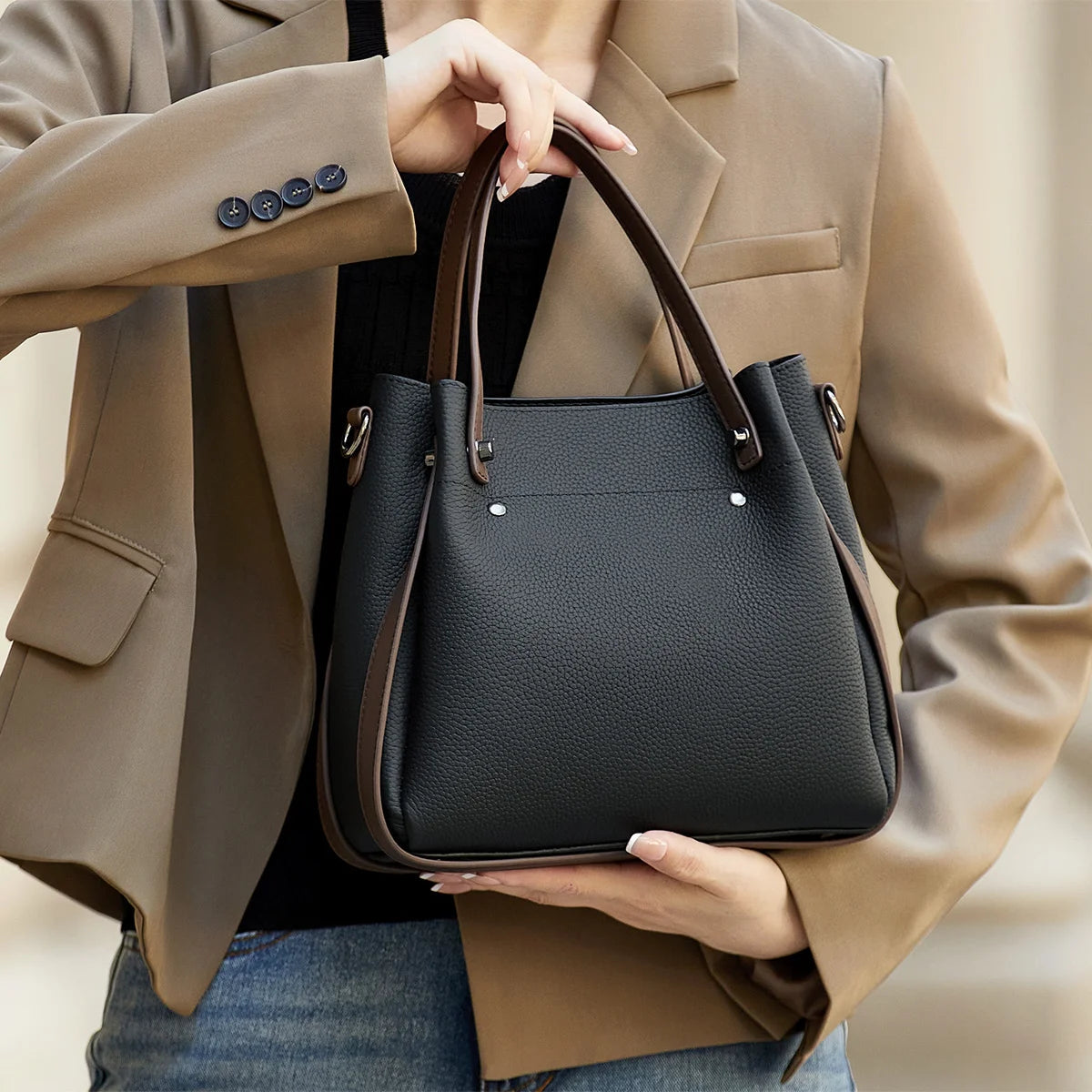 Jill | Luxe Echt Leer Winter Tote Tas met Contrastrand