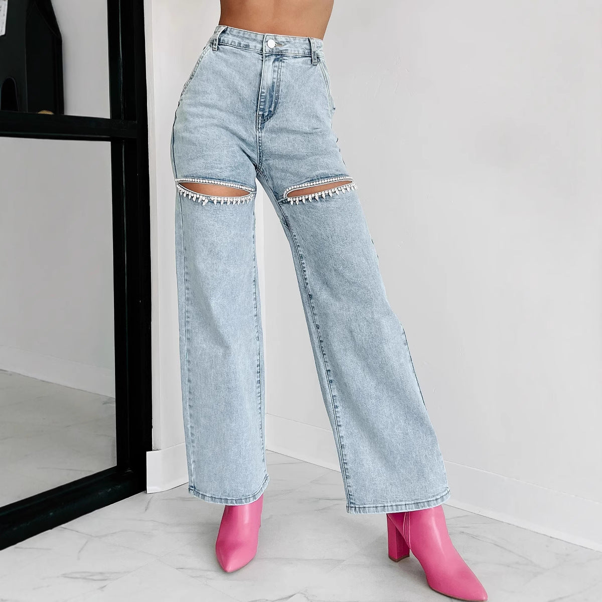 Paisley | Rechte Jeans met Hoge Taille en Ketenaccent