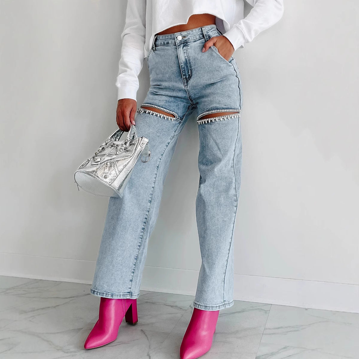 Paisley | Rechte Jeans met Hoge Taille en Ketenaccent