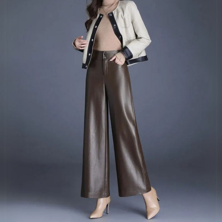 Gemmy | Wide Leg Damesbroek Imitatieleer Hoog Taille