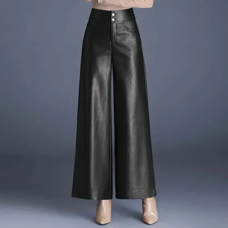 Gemmy | Wide Leg Damesbroek Imitatieleer Hoog Taille